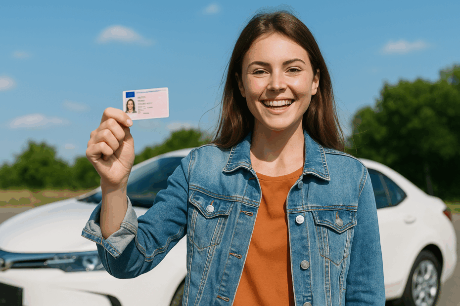 Jeune femme souriante tenant son permis de conduire devant une voiture blanche, symbole des avantages du permis de conduire comme l’autonomie et la liberté.